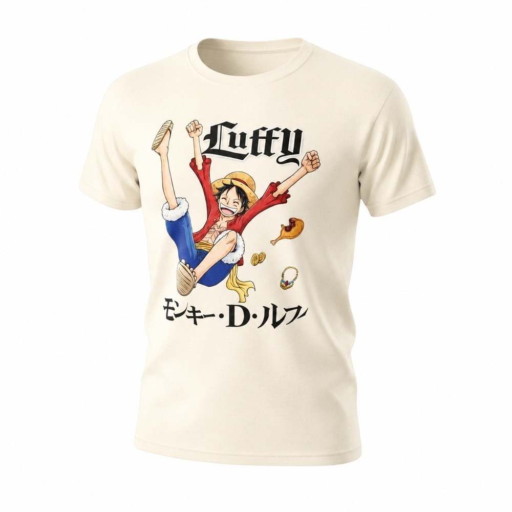 One Piece Monkey D Luffy Graphic T-Shirt Cream Mens Large Anime Japanese Writing